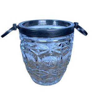 Vintage French Cut Glass Ice‎ Bucket Silver Plate Ring Handles Barware Heavy- SS